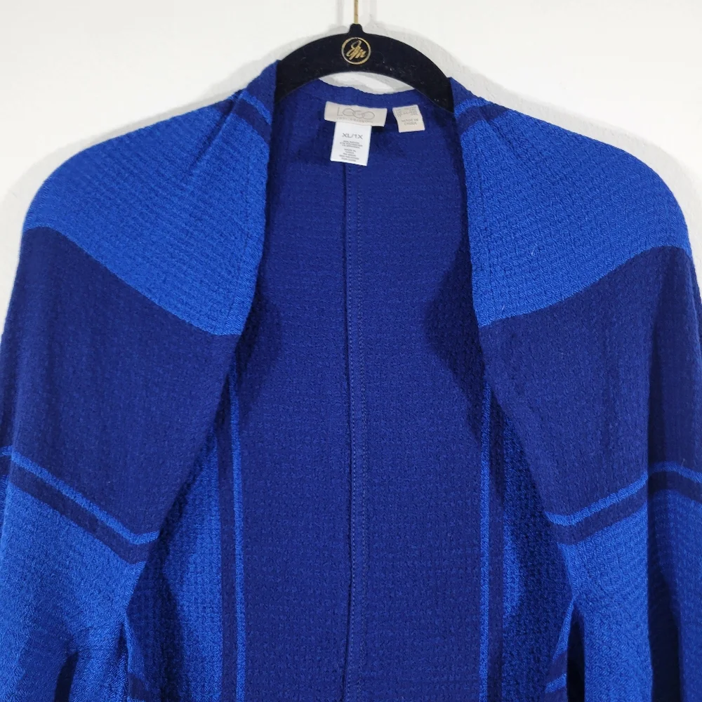 LOGO Lori Goldstein Evelyn casual blue striped waffle knit bolero cocoon sweater